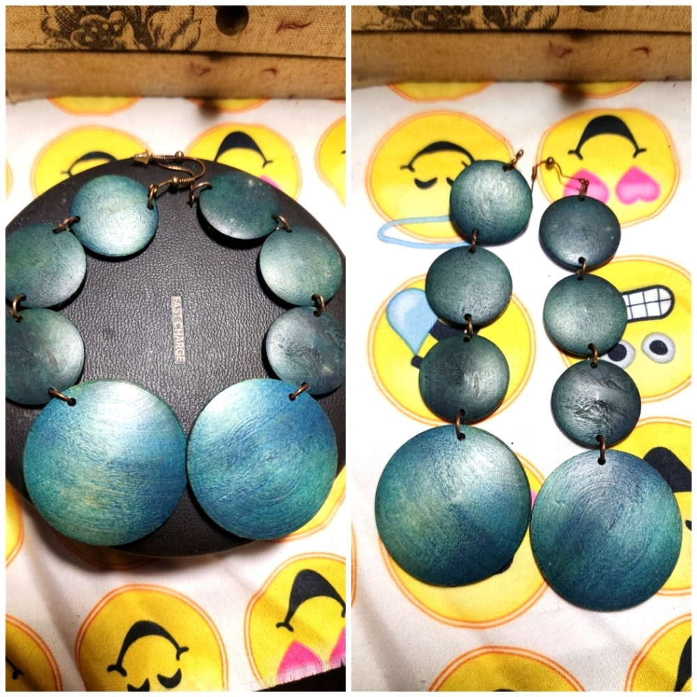Four Tier Wooden Earrings, Dark Blue-Green (Pierced)